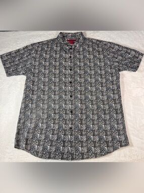 Montage Men XXL Black Blue Geometric Print Short Sleeve Button Up Shirt